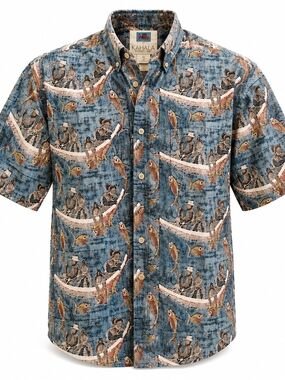 Kahala Men's Blue Tropical Fish Print Short-Sleeve Button-Down Shirt